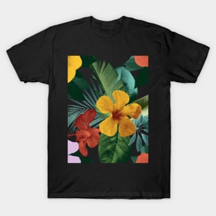 Colorful tropical flowers and leaves. Hibiscus flower, Palm leaves vibrant summer exotic print. T-Shirt